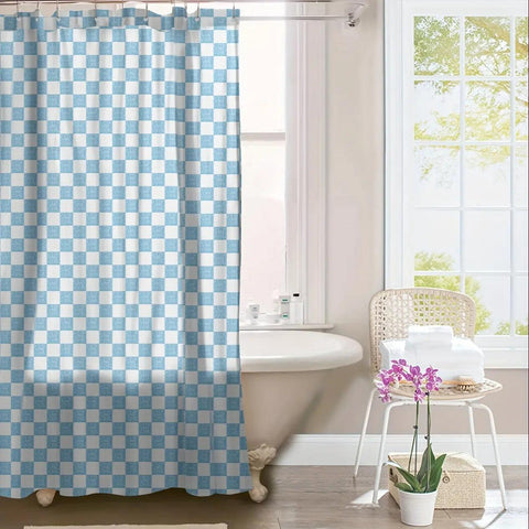 Retro douchegordijn blauw badkamer