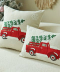 Vintage Red Truck and Christmas Tree Embroidered Throw Pillow Covers, Set of 1, Linen and Polyester Blend, Decorative Cushion Cases with Zipper for Home Decor, Spot-Clean, Suitable for Various Room Types - 43.18x43.18 cm CozyHaus