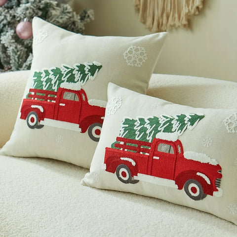 Vintage Red Truck and Christmas Tree Embroidered Throw Pillow Covers, Set of 1, Linen and Polyester Blend, Decorative Cushion Cases with Zipper for Home Decor, Spot-Clean, Suitable for Various Room Types - 43.18x43.18 cm CozyHaus