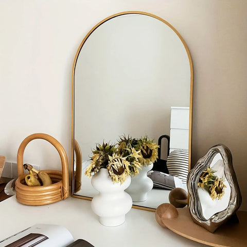 Elegant Arched Wall-Mounted Vanity Mirror with Aluminum Frame - Rust-Proof, Glass Surface for Bathroom & Bedroom Decor - Available in Golden, Black, White, Silvery CozyHaus