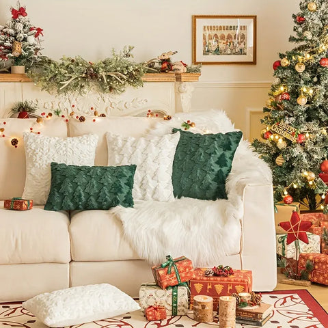 1pc/2pcs, Christmas Plush Pillow Cover Single Side Embroidered Wool Snowflake Christmas Tree Living Room Sofa Cushion Party Decoration Pillow Cover CozyHaus