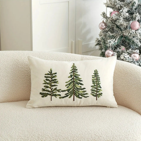 1pc Festive Green Christmas Tree Embroidered Throw Pillow Cover - Perfect for Holiday Home Decor, Machine Washable, Zip Closure, Linen Blend CozyHaus