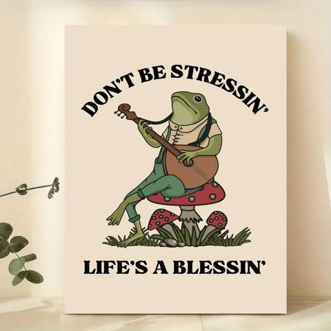 Frog Art Deco Poster - Modern Retro Self Care Wall Art Print, Frameless Canvas Animal Themed Decor, Ink Cartoon Frogs Illustration for Living Room, Bedroom, Home Office - Indoor Relaxation Motivational Quote "Don't Be Stressin', Life's a Blessin'" CozyHaus