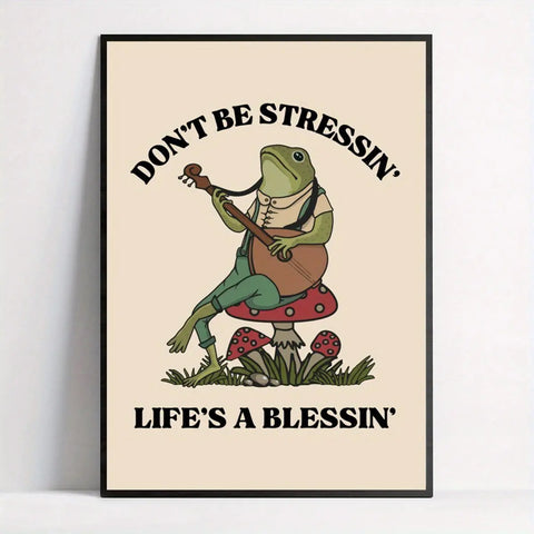 Frog Art Deco Poster - Modern Retro Self Care Wall Art Print, Frameless Canvas Animal Themed Decor, Ink Cartoon Frogs Illustration for Living Room, Bedroom, Home Office - Indoor Relaxation Motivational Quote "Don't Be Stressin', Life's a Blessin'" CozyHaus