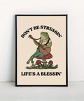 Frog Art Deco Poster - Modern Retro Self Care Wall Art Print, Frameless Canvas Animal Themed Decor, Ink Cartoon Frogs Illustration for Living Room, Bedroom, Home Office - Indoor Relaxation Motivational Quote "Don't Be Stressin', Life's a Blessin'" CozyHaus