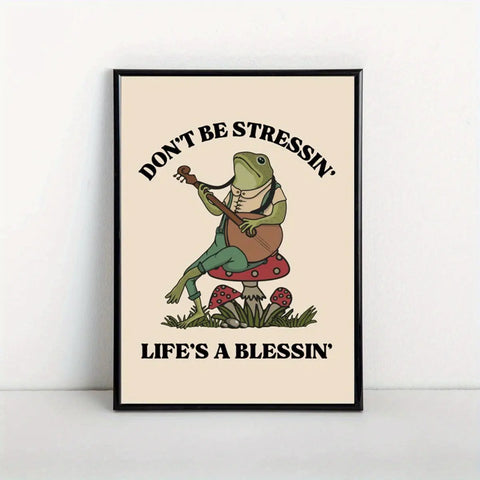 Frog Art Deco Poster - Modern Retro Self Care Wall Art Print, Frameless Canvas Animal Themed Decor, Ink Cartoon Frogs Illustration for Living Room, Bedroom, Home Office - Indoor Relaxation Motivational Quote "Don't Be Stressin', Life's a Blessin'" CozyHaus