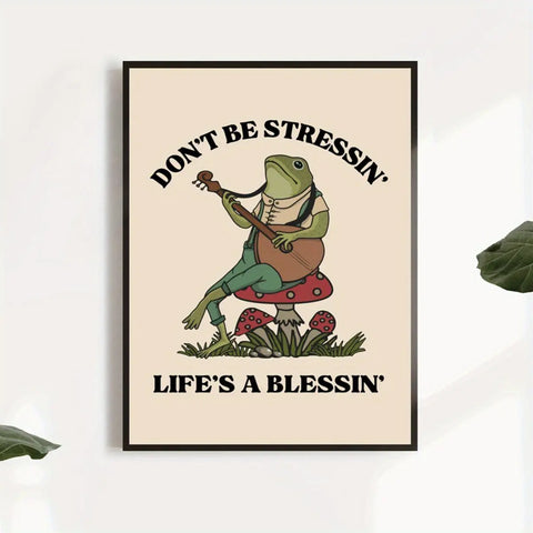 Frog Art Deco Poster - Modern Retro Self Care Wall Art Print, Frameless Canvas Animal Themed Decor, Ink Cartoon Frogs Illustration for Living Room, Bedroom, Home Office - Indoor Relaxation Motivational Quote "Don't Be Stressin', Life's a Blessin'" CozyHaus