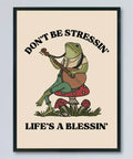 Frog Art Deco Poster - Modern Retro Self Care Wall Art Print, Frameless Canvas Animal Themed Decor, Ink Cartoon Frogs Illustration for Living Room, Bedroom, Home Office - Indoor Relaxation Motivational Quote "Don't Be Stressin', Life's a Blessin'" CozyHaus