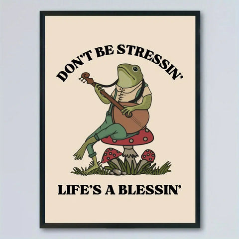 Frog Art Deco Poster - Modern Retro Self Care Wall Art Print, Frameless Canvas Animal Themed Decor, Ink Cartoon Frogs Illustration for Living Room, Bedroom, Home Office - Indoor Relaxation Motivational Quote "Don't Be Stressin', Life's a Blessin'" CozyHaus