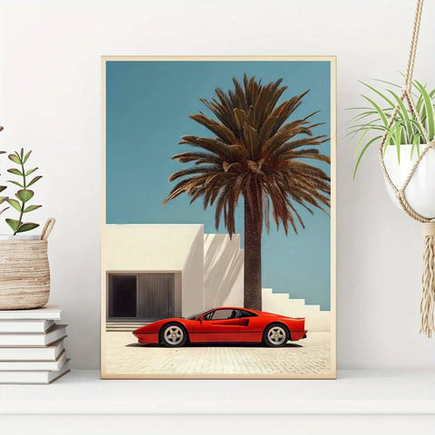 Vintage-Inspired Red Sports Car & Palm Landscape Canvas Art Print - Modern Wall Decor for Living Room, Bedroom, Office, and More - Unframed CozyHaus