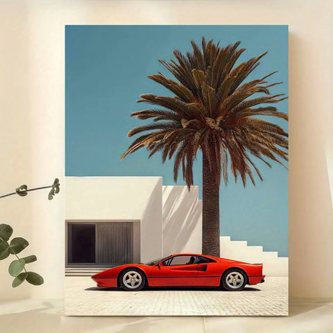 Vintage-Inspired Red Sports Car & Palm Landscape Canvas Art Print - Modern Wall Decor for Living Room, Bedroom, Office, and More - Unframed CozyHaus