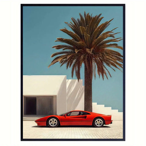 Vintage-Inspired Red Sports Car & Palm Landscape Canvas Art Print - Modern Wall Decor for Living Room, Bedroom, Office, and More - Unframed CozyHaus