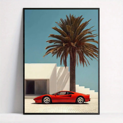 Vintage-Inspired Red Sports Car & Palm Landscape Canvas Art Print - Modern Wall Decor for Living Room, Bedroom, Office, and More - Unframed CozyHaus