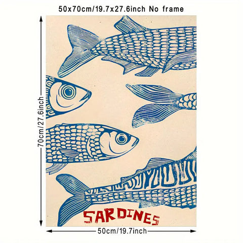 Vintage Sardine Canvas Art Print - Frameless Retro Fish Wall Decor for Kitchen, Bedroom, Office & More - Classic Autumn Farmhouse Style CozyHaus