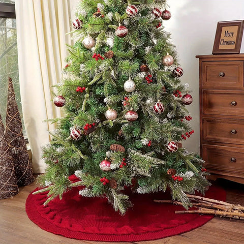 Festive Knitted Christmas Tree Skirt in Red and Ivory - Perfect for Holiday Decorating CozyHaus