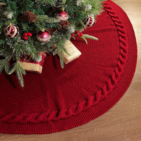 Festive Knitted Christmas Tree Skirt in Red and Ivory - Perfect for Holiday Decorating CozyHaus