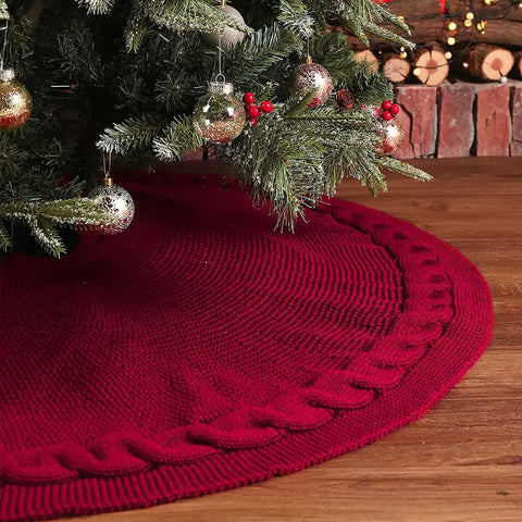 Festive Knitted Christmas Tree Skirt in Red and Ivory - Perfect for Holiday Decorating CozyHaus