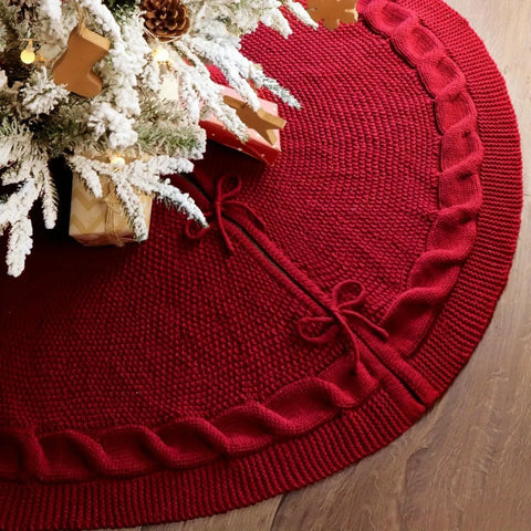 Festive Knitted Christmas Tree Skirt in Red and Ivory - Perfect for Holiday Decorating CozyHaus