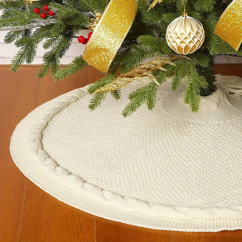 Festive Knitted Christmas Tree Skirt in Red and Ivory - Perfect for Holiday Decorating CozyHaus