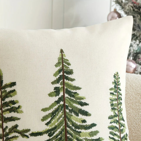 1pc Festive Green Christmas Tree Embroidered Throw Pillow Cover - Perfect for Holiday Home Decor, Machine Washable, Zip Closure, Linen Blend CozyHaus