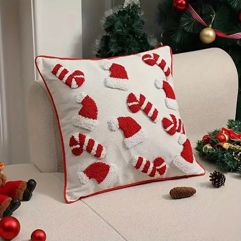 Christmas Plush Throw Pillow Cover 44.96cm - Festive Red & White, Zip Closure, Machine Washable Polyester - Perfect for Sofa and Bedroom Decor CozyHaus