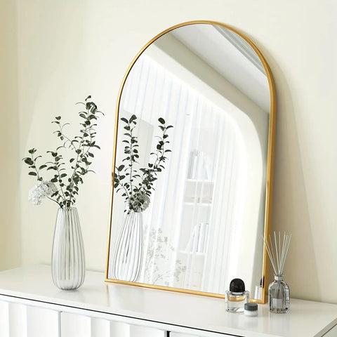 Elegant Arched Wall-Mounted Vanity Mirror with Aluminum Frame - Rust-Proof, Glass Surface for Bathroom & Bedroom Decor - Available in Golden, Black, White, Silvery CozyHaus