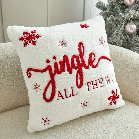 Jingle Bell Embroidered Throw Pillow Cover - Festive Christmas & Winter Decor, Soft Faux Fur, Zip Closure, Hand Wash Only - Perfect for Living Room, Bedroom, and Parties CozyHaus