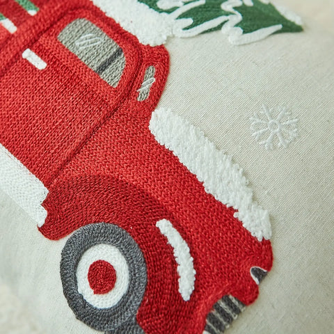 Vintage Red Truck and Christmas Tree Embroidered Throw Pillow Covers, Set of 1, Linen and Polyester Blend, Decorative Cushion Cases with Zipper for Home Decor, Spot-Clean, Suitable for Various Room Types - 43.18x43.18 cm CozyHaus