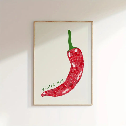 Chic "You're Hot" Red Chili Pepper Art Deco Poster - Modern Minimalist Kitchen Wall Art - Fashion Vintage Food Illustration - Trendy Retro Spring/Summer Decor - Painted Style Frameless Print CozyHaus