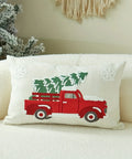 Vintage Red Truck and Christmas Tree Embroidered Throw Pillow Covers, Set of 1, Linen and Polyester Blend, Decorative Cushion Cases with Zipper for Home Decor, Spot-Clean, Suitable for Various Room Types - 43.18x43.18 cm CozyHaus