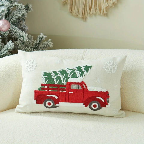 Vintage Red Truck and Christmas Tree Embroidered Throw Pillow Covers, Set of 1, Linen and Polyester Blend, Decorative Cushion Cases with Zipper for Home Decor, Spot-Clean, Suitable for Various Room Types - 43.18x43.18 cm CozyHaus