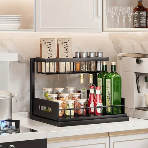 2-Tier Pull-Out Under Sink Organizer - Metal Storage Shelf for Kitchen & Bathroom Cabinets, Space-Saving Design CozyHaus