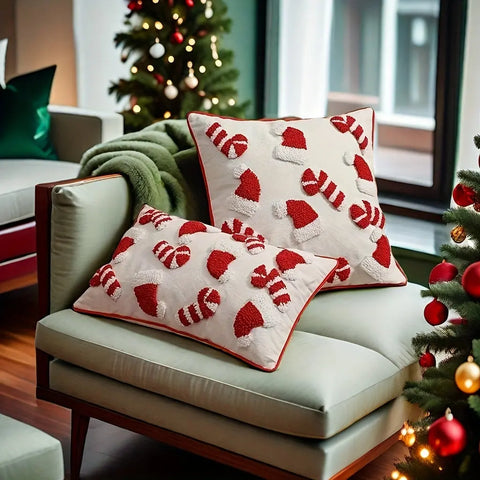 Christmas Plush Throw Pillow Cover 44.96cm - Festive Red & White, Zip Closure, Machine Washable Polyester - Perfect for Sofa and Bedroom Decor CozyHaus