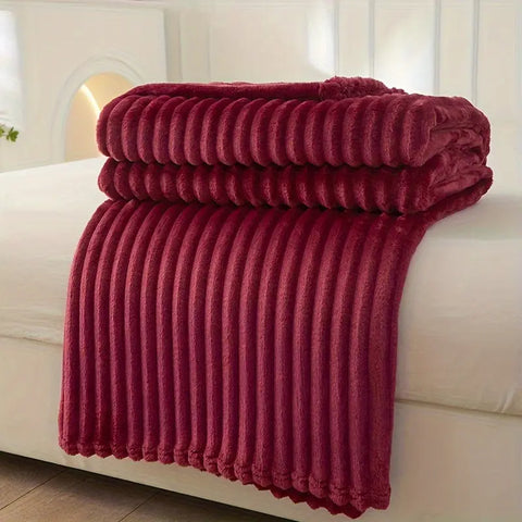 1pc Luxury Solid Color Wide Ribbed Throw Blanket, Soft Plush Flannel Blanket, Cozy Bedding, Sofa Decor, Without Pillowcase Or Insert CozyHaus