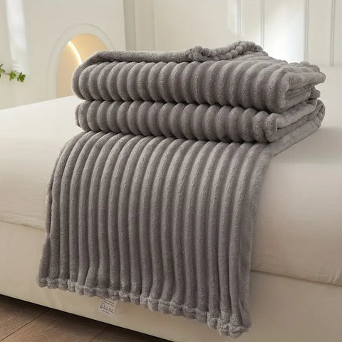 1pc Luxury Solid Color Wide Ribbed Throw Blanket, Soft Plush Flannel Blanket, Cozy Bedding, Sofa Decor, Without Pillowcase Or Insert CozyHaus