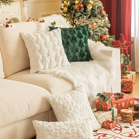 1pc/2pcs, Christmas Plush Pillow Cover Single Side Embroidered Wool Snowflake Christmas Tree Living Room Sofa Cushion Party Decoration Pillow Cover CozyHaus