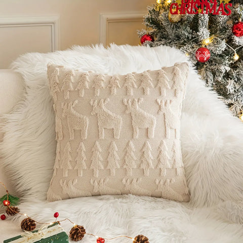 1pc/2pcs, Christmas Plush Pillow Cover Single Side Embroidered Wool Snowflake Christmas Tree Living Room Sofa Cushion Party Decoration Pillow Cover CozyHaus