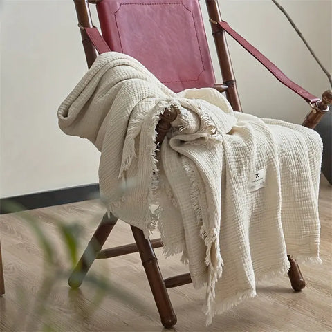 Ultra-Soft 100% Cotton Crinkle Yarn Throw Blanket in Cream with Tassels - Perfect for All Seasons, Cozy Nap & Bedding Accessory CozyHaus