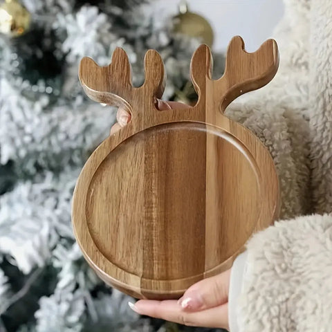 1PCS Christmas Reindeer Antler Serving Tray, Acacia Wood Multifunctional Platter for Afternoon Tea, Dinner, and Home Gatherings, Polished Wood Finish, Seasonal Holiday Themed for Christmas, Halloween, St. Patrick's Day, Valentine's Day - Decorative Wooden CozyHaus