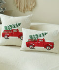 Vintage Red Truck and Christmas Tree Embroidered Throw Pillow Covers, Set of 1, Linen and Polyester Blend, Decorative Cushion Cases with Zipper for Home Decor, Spot-Clean, Suitable for Various Room Types - 43.18x43.18 cm CozyHaus