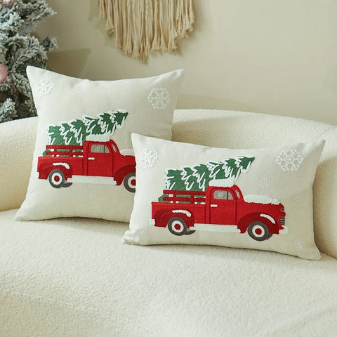 Vintage Red Truck and Christmas Tree Embroidered Throw Pillow Covers, Set of 1, Linen and Polyester Blend, Decorative Cushion Cases with Zipper for Home Decor, Spot-Clean, Suitable for Various Room Types - 43.18x43.18 cm CozyHaus