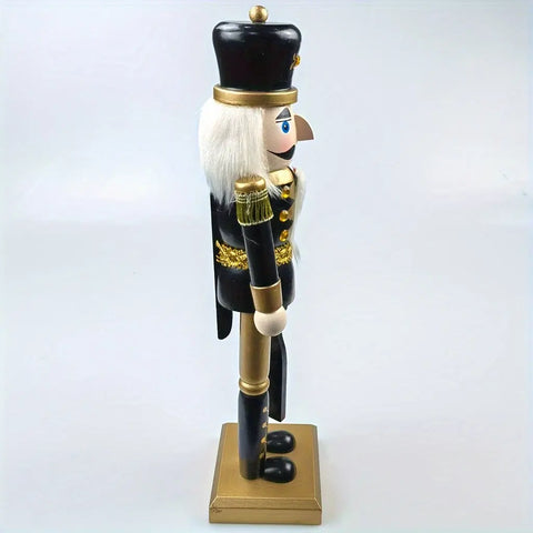 1pc Wooden Nutcracker Figurine, 15-Inch Black And Golden Soldier With Rifle, Festive Christmas Tabletop Decor, Holiday Ornament, Traditional Wood Craftsmanship CozyHaus