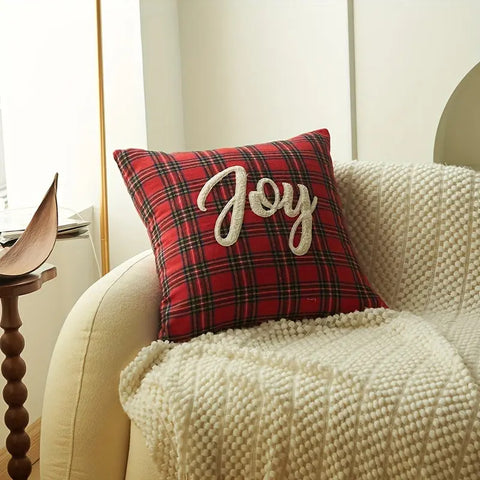 Vibrant Festive Christmas Embroidered Plaid Throw Pillow Cover - Soft, Zippered, Hand Washable Polyester Cushion Case with Easy Care for Home & Office Decor, Perfect for Holiday Season CozyHaus