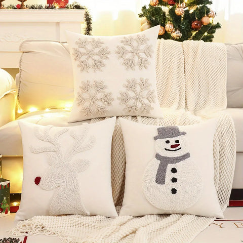 Festive Traditional Style Christmas Decorative Pillow Cover - Snowman And Reindeer with Geometric Patterns, Hand Wash Only, Mixed Colors, Zipper Closure, Suitable for Living Room, Made with Cotton And Polyester Blend CozyHaus