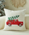 Vintage Red Truck and Christmas Tree Embroidered Throw Pillow Covers, Set of 1, Linen and Polyester Blend, Decorative Cushion Cases with Zipper for Home Decor, Spot-Clean, Suitable for Various Room Types - 43.18x43.18 cm CozyHaus