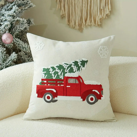 Vintage Red Truck and Christmas Tree Embroidered Throw Pillow Covers, Set of 1, Linen and Polyester Blend, Decorative Cushion Cases with Zipper for Home Decor, Spot-Clean, Suitable for Various Room Types - 43.18x43.18 cm CozyHaus