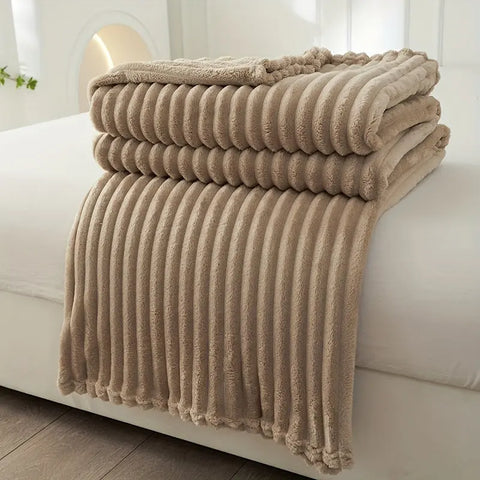 1pc Luxury Solid Color Wide Ribbed Throw Blanket, Soft Plush Flannel Blanket, Cozy Bedding, Sofa Decor, Without Pillowcase Or Insert CozyHaus