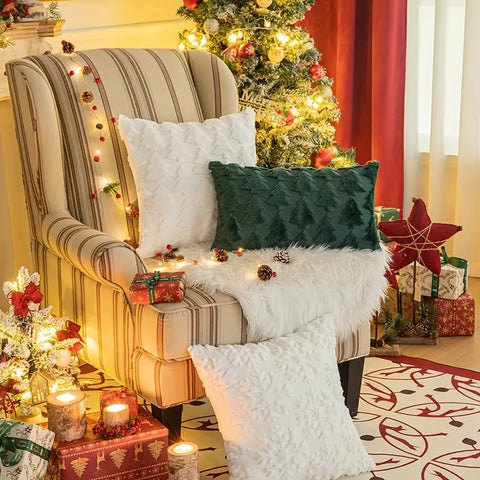 1pc/2pcs, Christmas Plush Pillow Cover Single Side Embroidered Wool Snowflake Christmas Tree Living Room Sofa Cushion Party Decoration Pillow Cover CozyHaus