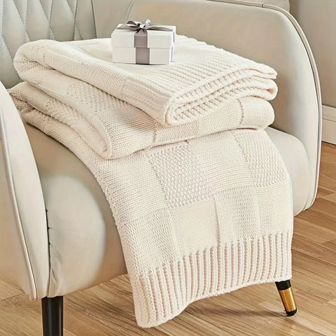 1pc Knit Throw Blanket, White Checkered Throw Blanket For Couch, Soft Cozy Warm Knitted Throw Blanket For Bed Sofa CozyHaus