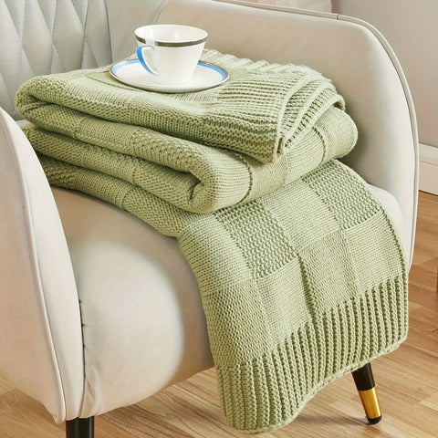 1pc Knit Throw Blanket, White Checkered Throw Blanket For Couch, Soft Cozy Warm Knitted Throw Blanket For Bed Sofa CozyHaus